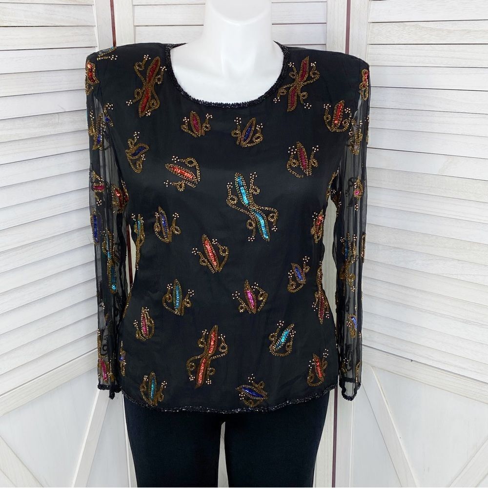 Stenay Vintage Sequin Beaded Silk Blouse Black Multi XL